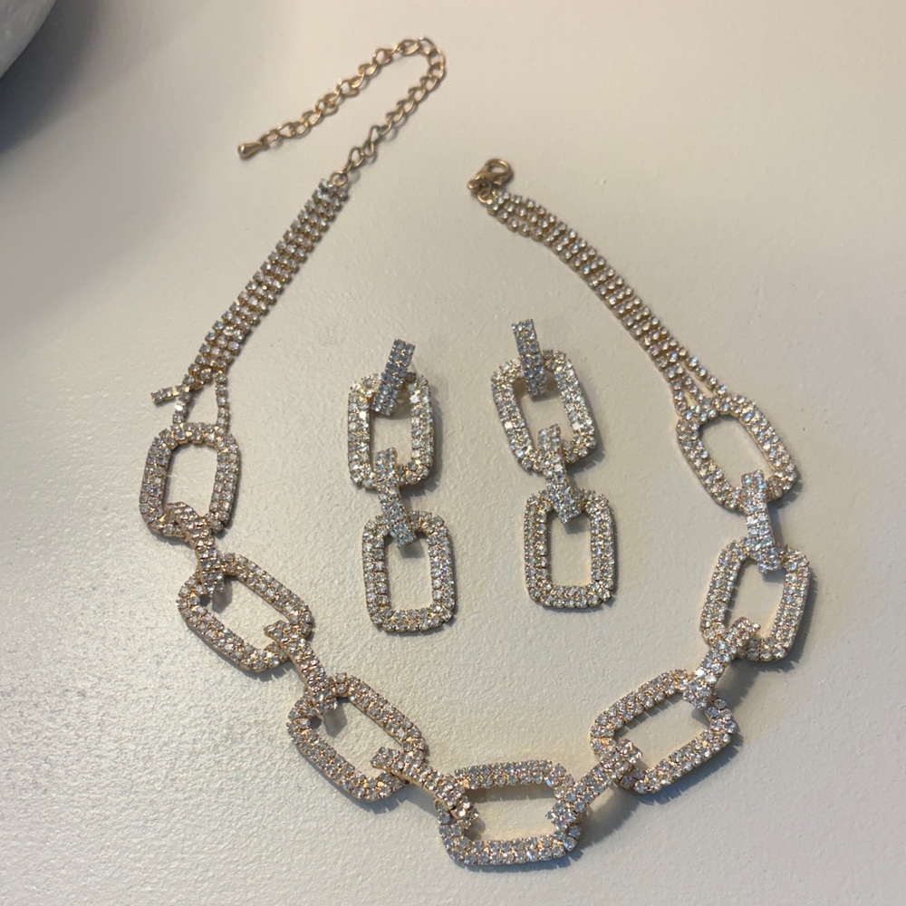 Crystal Pavé Link Necklace and Earring Set - Gold